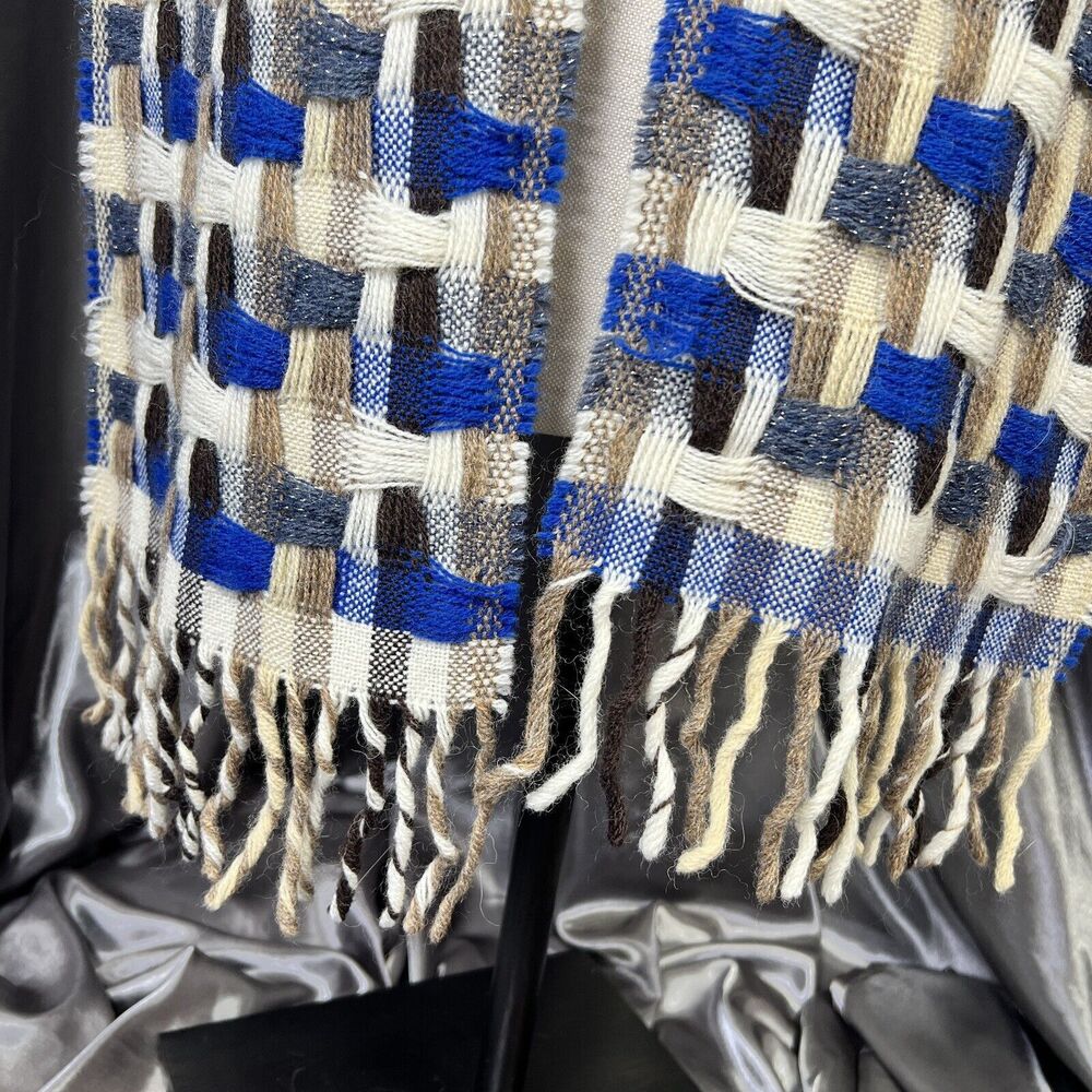 Italian Woven Lambswool Scarf Unisex 32”x9 Tassel Textured Blue Tan‎ Fall Winter - Picture 4 of 8